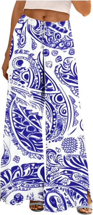 Palazzo Pants for Women Boho Printed Wide Leg High Waisted Loose Fit Drawstring with Pockets Casual Summer 2025