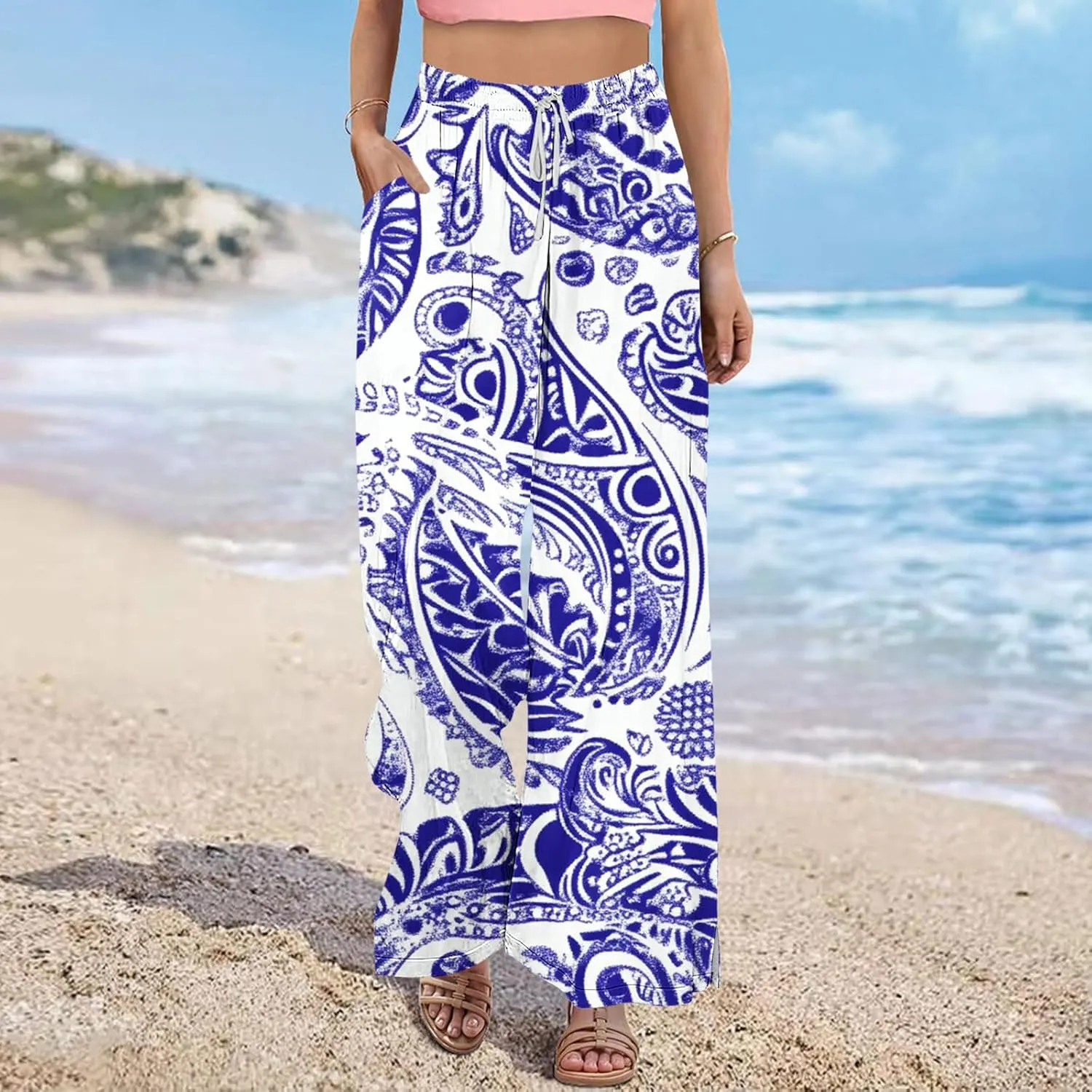 Palazzo Pants for Women Boho Printed Wide Leg High Waisted Loose Fit Drawstring with Pockets Casual Summer 2025