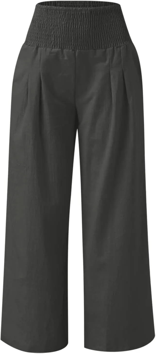 Palazzo Pants for Women Petite Summer Casual Wide Leg High Waist Linen Pants with Pockets 2025 Beach Vacation Outfit