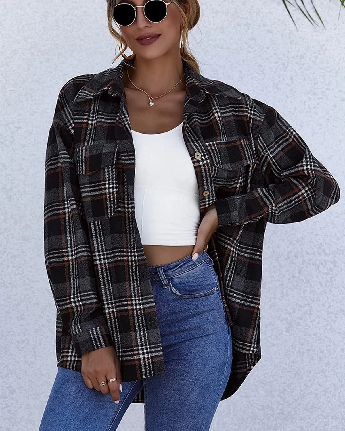 PEHMEA Women's Casual Long Sleeve Plaid Lapel Button Down Shirt Blouse Tops with Pockets