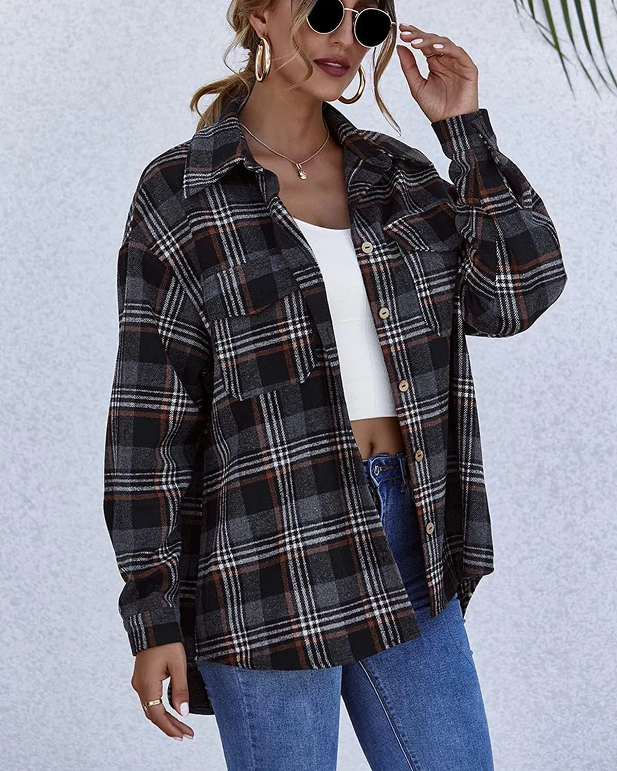 PEHMEA Women's Casual Long Sleeve Plaid Lapel Button Down Shirt Blouse Tops with Pockets