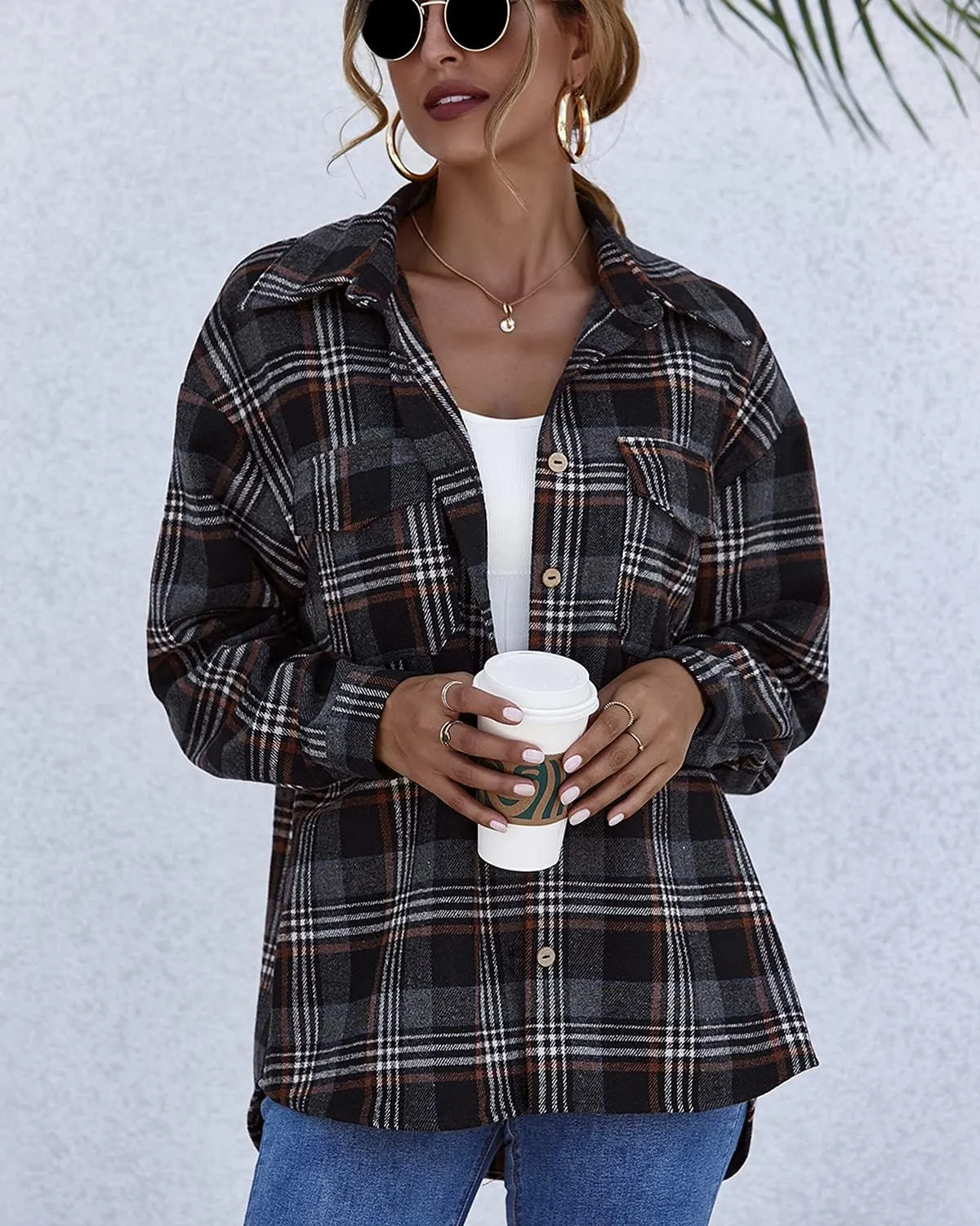 PEHMEA Women's Casual Long Sleeve Plaid Lapel Button Down Shirt Blouse Tops with Pockets