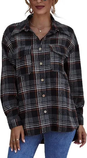 PEHMEA Women's Casual Long Sleeve Plaid Lapel Button Down Shirt Blouse Tops with Pockets