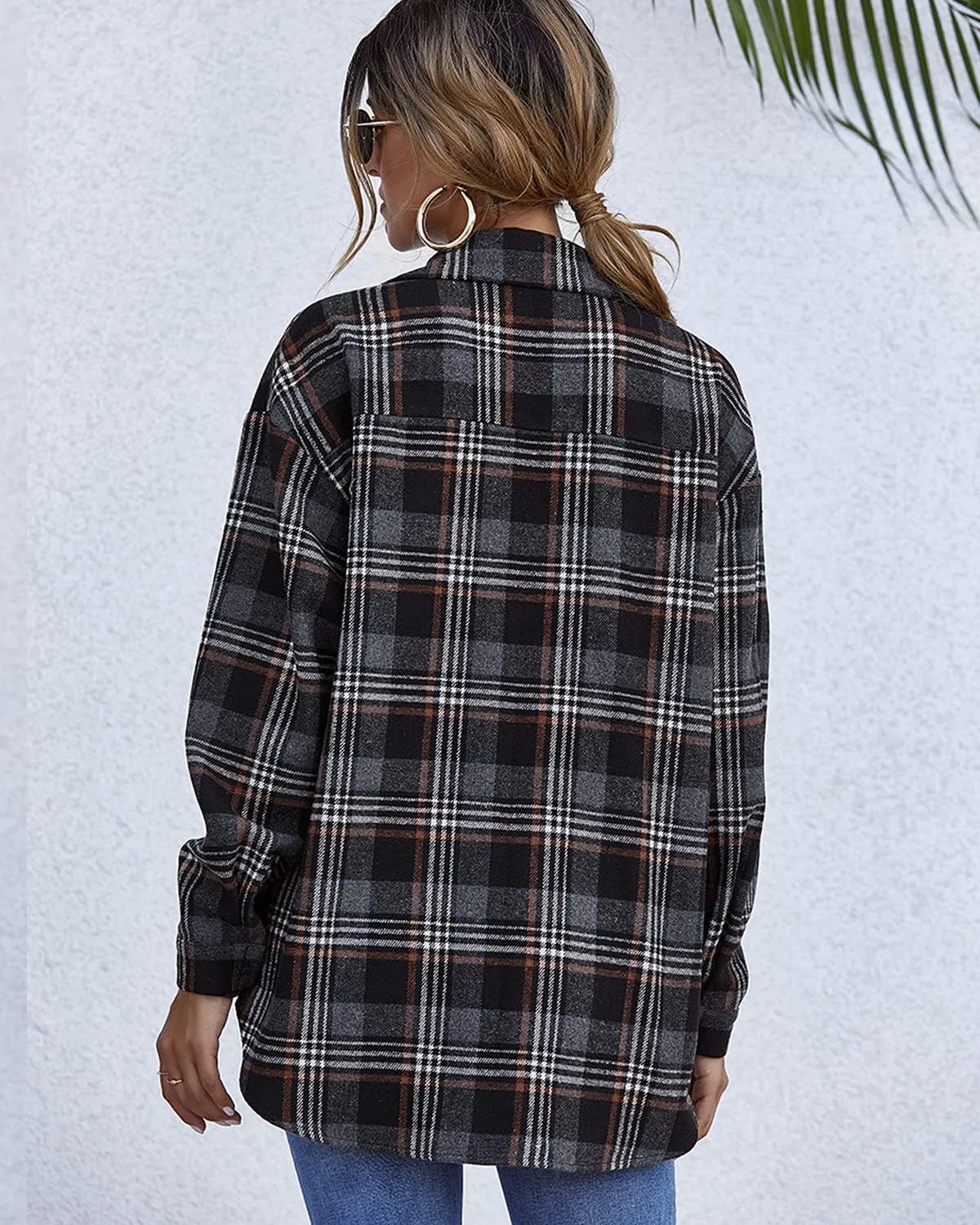 PEHMEA Women's Casual Long Sleeve Plaid Lapel Button Down Shirt Blouse Tops with Pockets