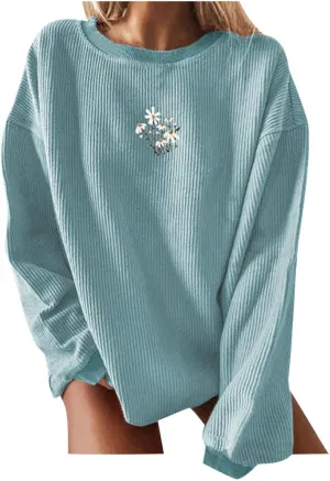 PGOJUNI Crewneck Sweatshirts for Teen Girls, Womens Sweatshirt Loose Waffle Daisy Graphic Casual Long Sleeve Basic Blouse