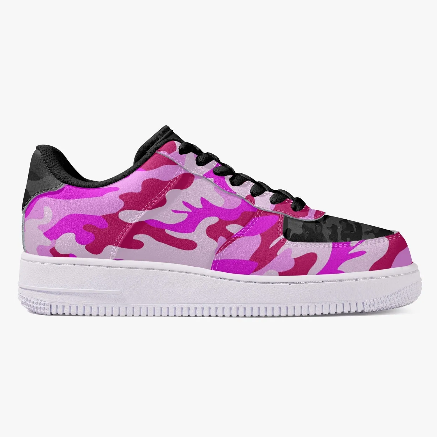 Pink Camo with Black Camo accents - Low-Top Leather Sports Sneakers