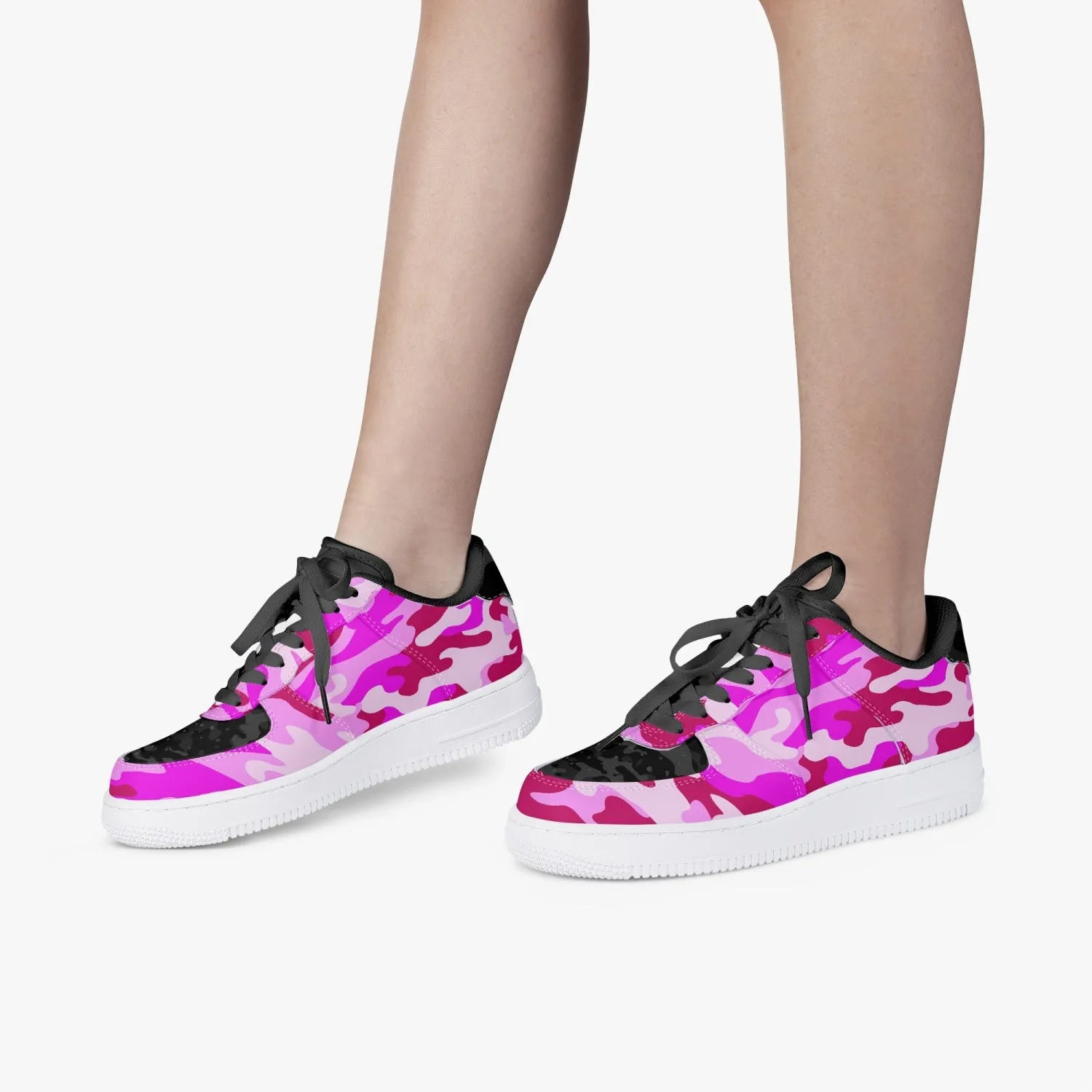 Pink Camo with Black Camo accents - Low-Top Leather Sports Sneakers