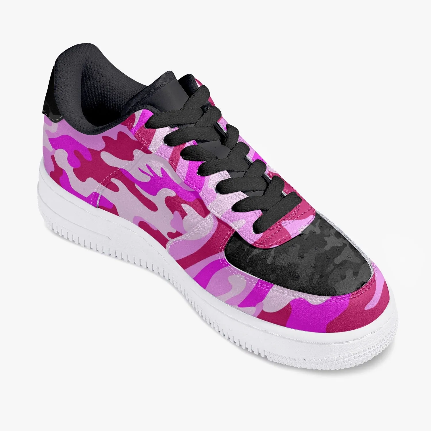 Pink Camo with Black Camo accents - Low-Top Leather Sports Sneakers