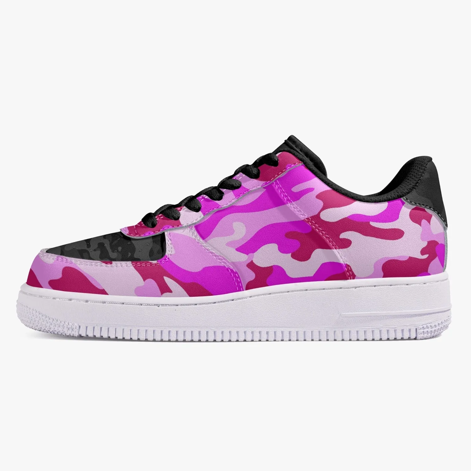 Pink Camo with Black Camo accents - Low-Top Leather Sports Sneakers