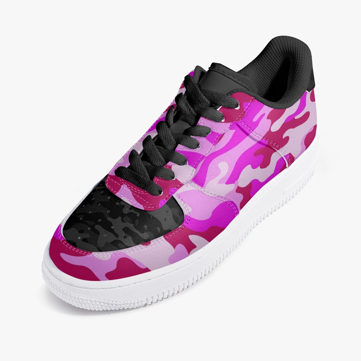 Pink Camo with Black Camo accents - Low-Top Leather Sports Sneakers