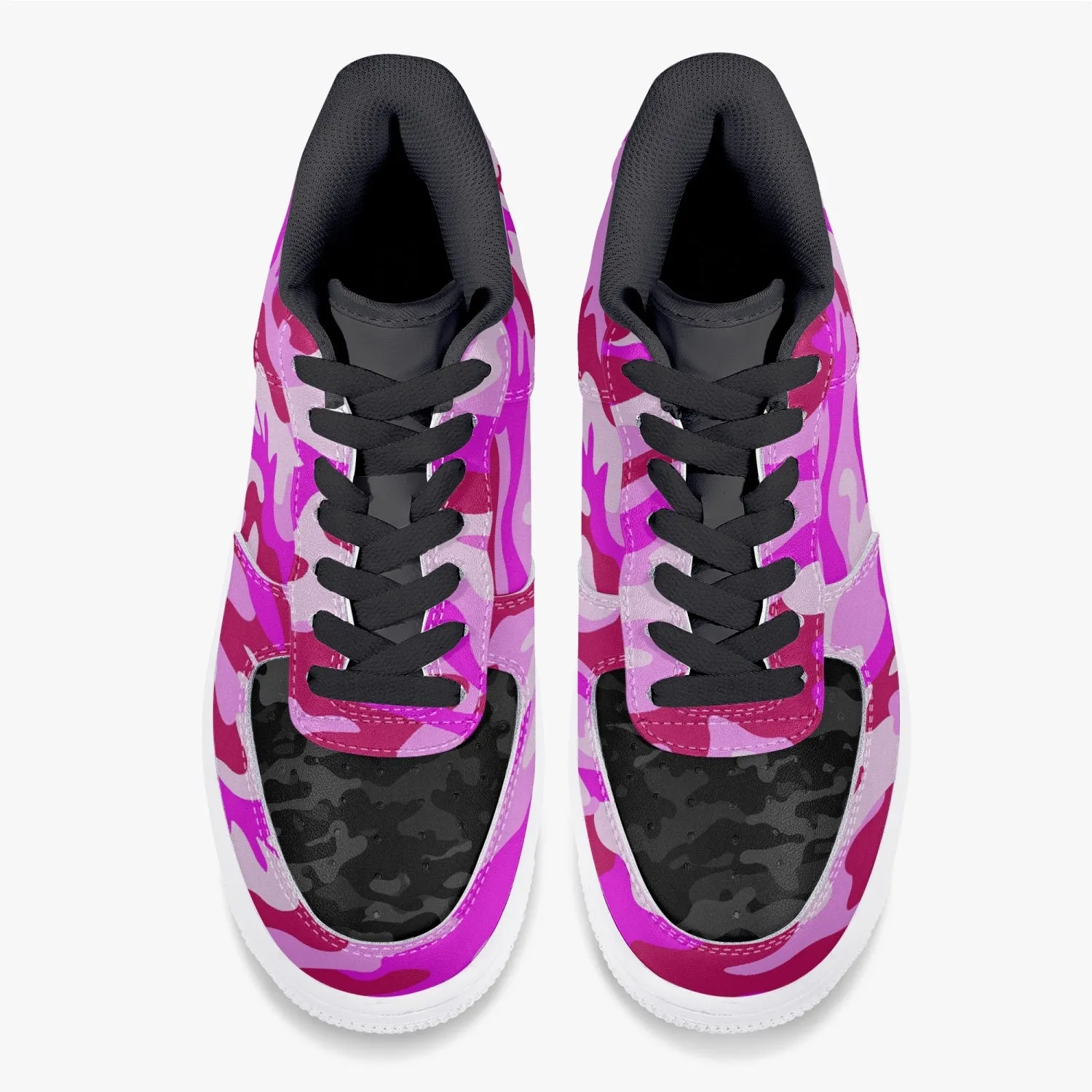 Pink Camo with Black Camo accents - Low-Top Leather Sports Sneakers