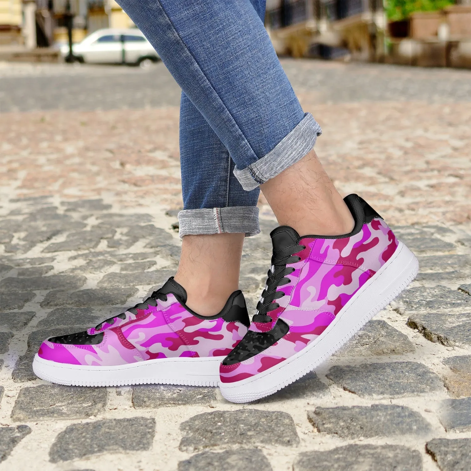 Pink Camo with Black Camo accents - Low-Top Leather Sports Sneakers
