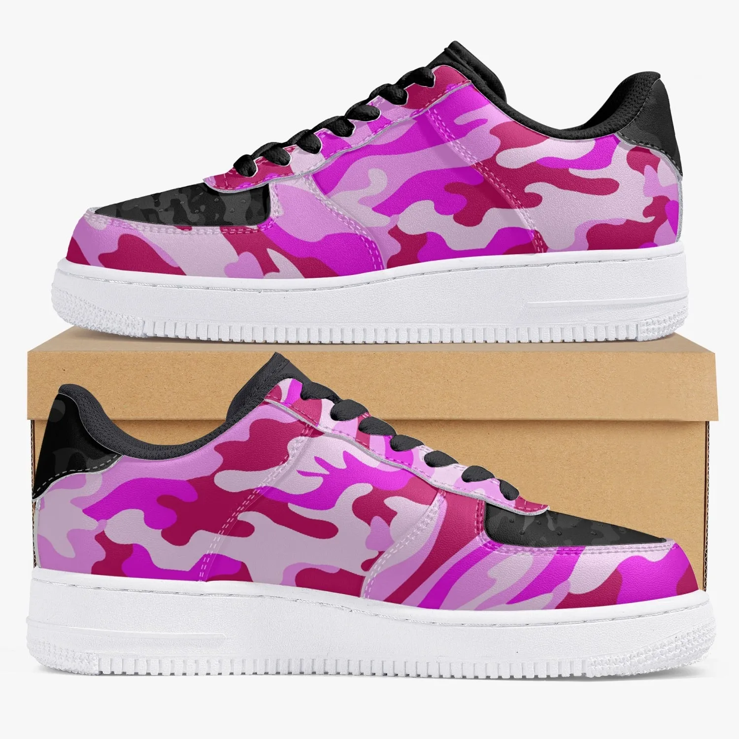 Pink Camo with Black Camo accents - Low-Top Leather Sports Sneakers