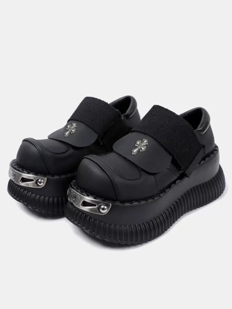 Platform Metal Velcro Shoes Punk Leather Cross