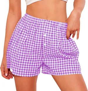 PRETTYGARDEN Womens Shorts Boxers 2025 Summer Gingham Pajama Lounge Sleep Y2K Plaid Pj Shorts Beach Bottoms