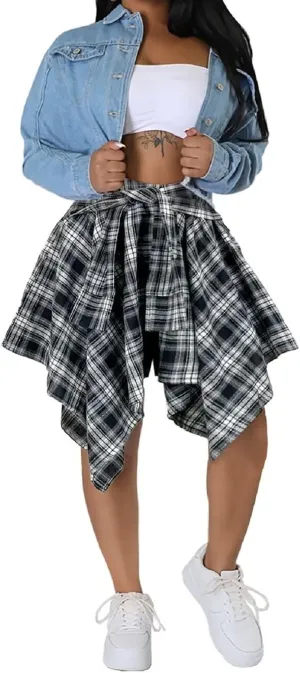 RAMOUG Summer Knot Skirts for Women Plaid Asymmetrical Hem High Waist Y2K Mini Short Skirt