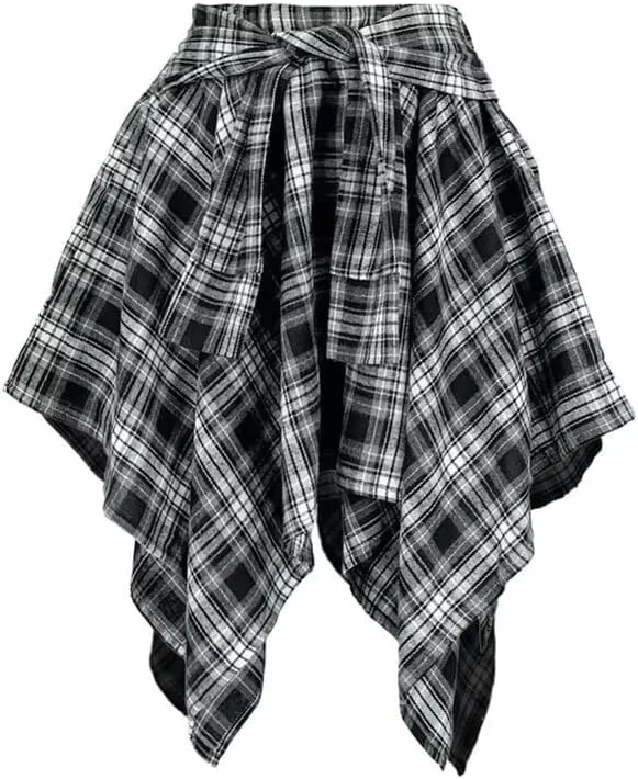 RAMOUG Summer Knot Skirts for Women Plaid Asymmetrical Hem High Waist Y2K Mini Short Skirt
