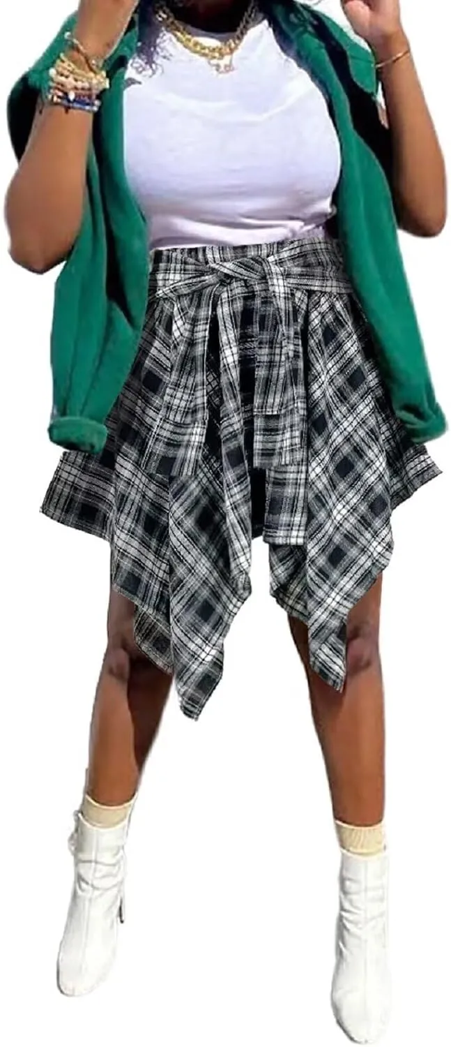 RAMOUG Summer Knot Skirts for Women Plaid Asymmetrical Hem High Waist Y2K Mini Short Skirt