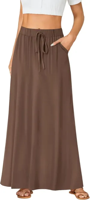 Rooscier Women's Elastic High Waist Back Slit A-Line Long Skirt with Pocket