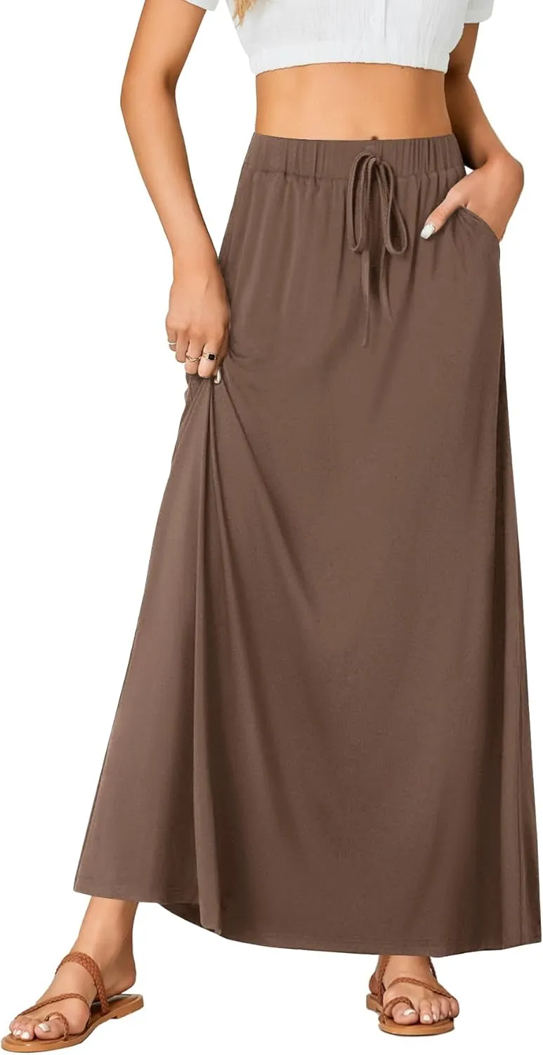 Rooscier Women's Elastic High Waist Back Slit A-Line Long Skirt with Pocket