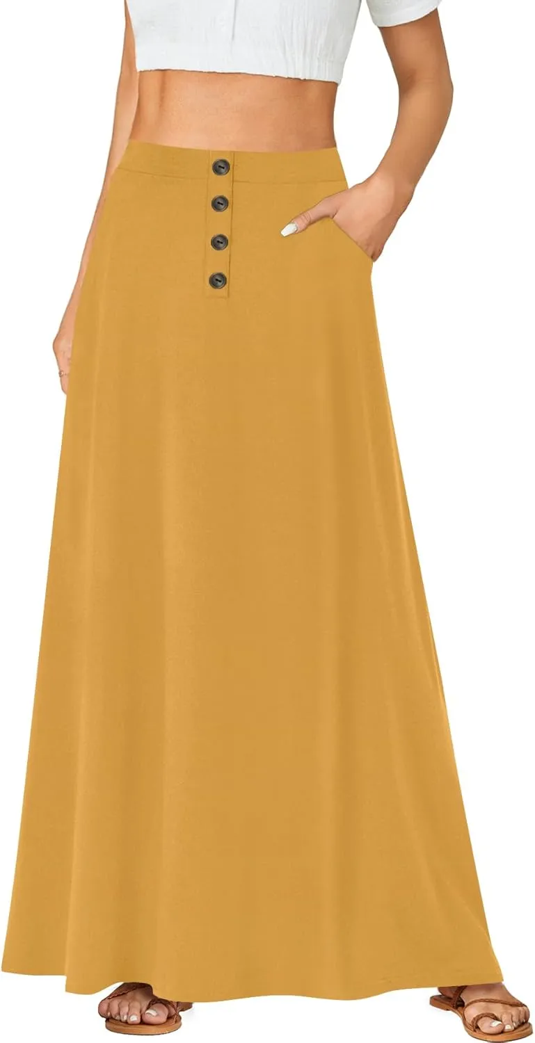 Rooscier Women's High Waist Button Front A-Line Long Maxi Skirt with Pockets