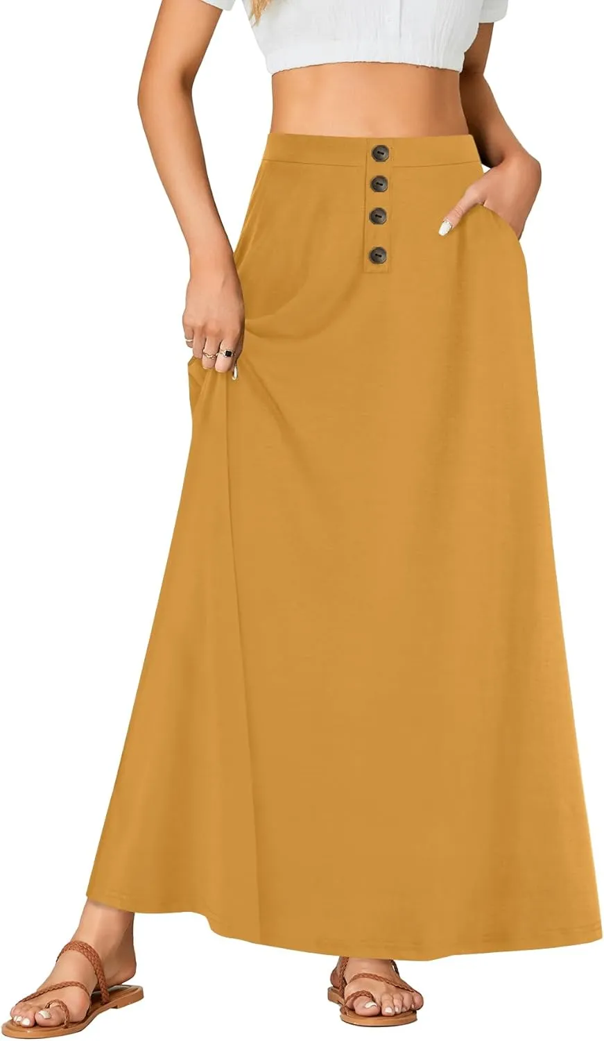 Rooscier Women's High Waist Button Front A-Line Long Maxi Skirt with Pockets