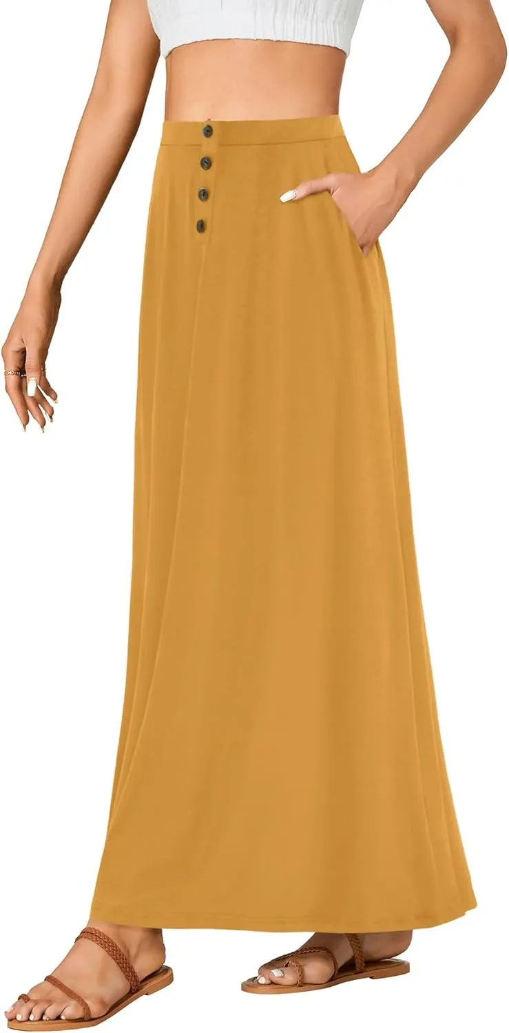 Rooscier Women's High Waist Button Front A-Line Long Maxi Skirt with Pockets