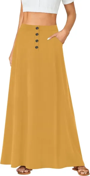 Rooscier Women's High Waist Button Front A-Line Long Maxi Skirt with Pockets