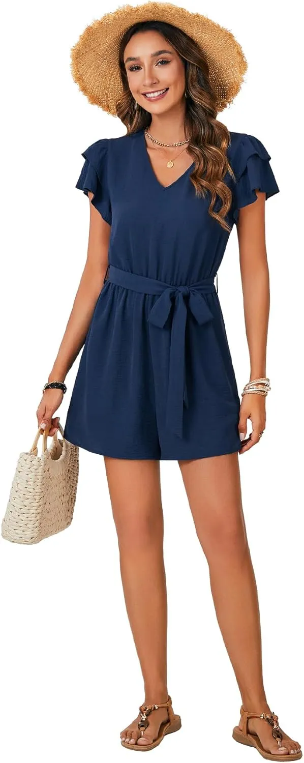 Rooscier Women's Summer V Neck Flutter Short Sleeve Belted Romper Keyhole Back Jumpsuit
