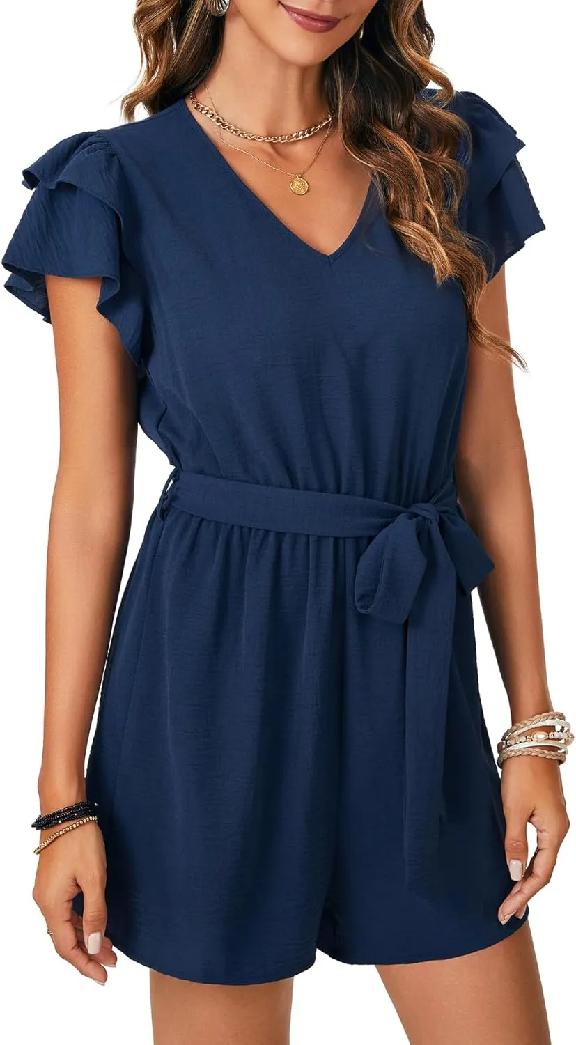 Rooscier Women's Summer V Neck Flutter Short Sleeve Belted Romper Keyhole Back Jumpsuit