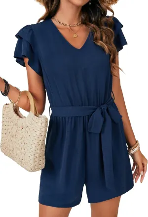 Rooscier Women's Summer V Neck Flutter Short Sleeve Belted Romper Keyhole Back Jumpsuit