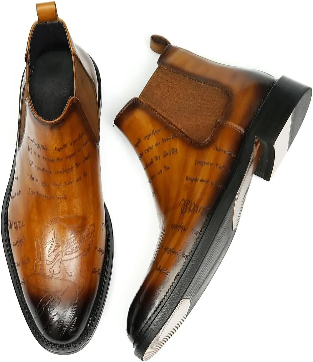 Santimon Men's Genuine Leather Pionted Toe Chelsea Boots Dress Formal Winter Warm Cotton Ankle Brogues Boots