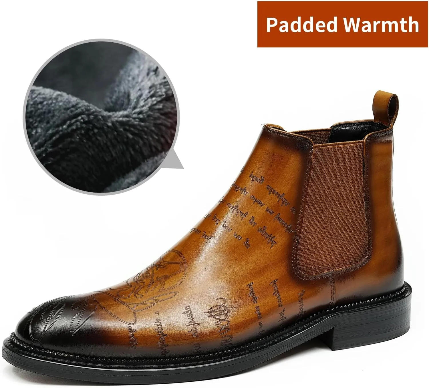 Santimon Men's Genuine Leather Pionted Toe Chelsea Boots Dress Formal Winter Warm Cotton Ankle Brogues Boots