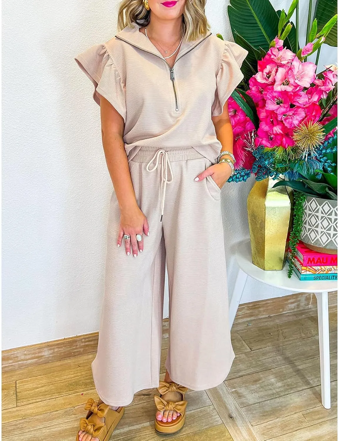 SELINK Two Piece Sets for Women Summer Outfits Ruffle Cap Sleeve Zip Top Wide Leg Pants Lounge Set Tracksuits