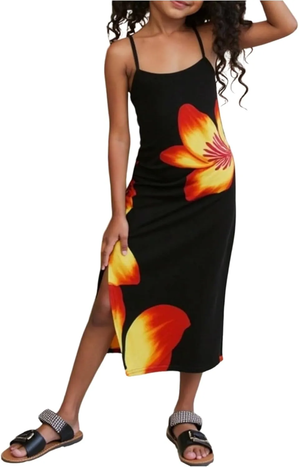 SOLY HUX Toddler Girl's Summer Floral Print Split Cami Dress Spaghetti Strap Midi Dresses