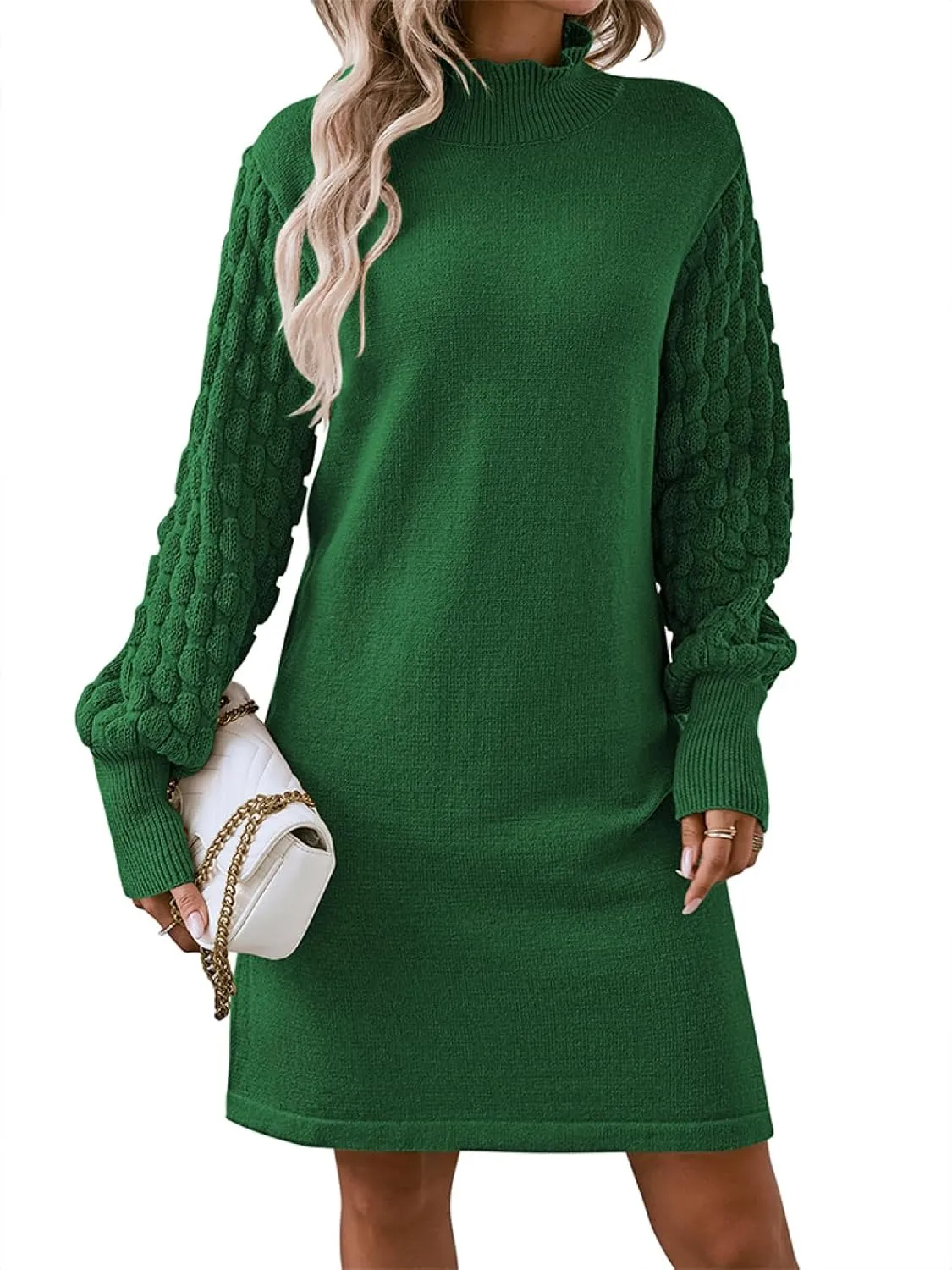 Sovoyontee Women's 2024 Fall Long Sleeve Mock Neck Sweater Dress Casual Loose Ribbed Knit Mini Short Pullover Dresses