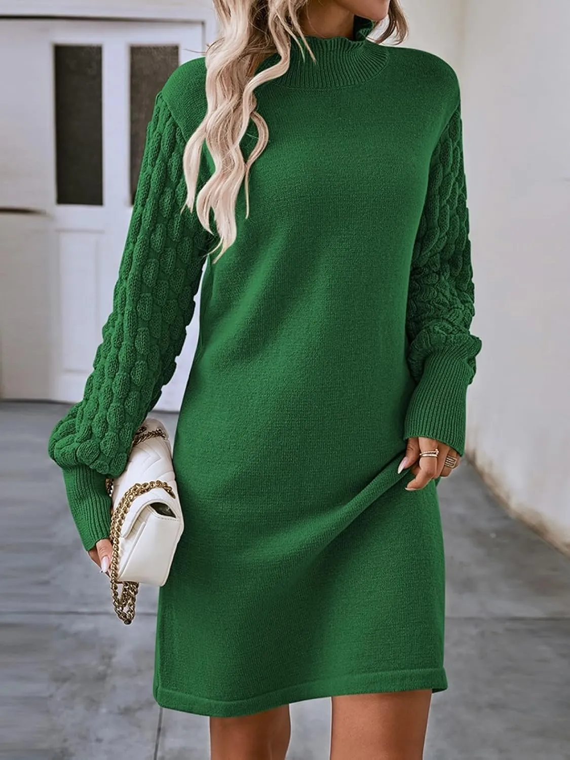 Sovoyontee Women's 2024 Fall Long Sleeve Mock Neck Sweater Dress Casual Loose Ribbed Knit Mini Short Pullover Dresses