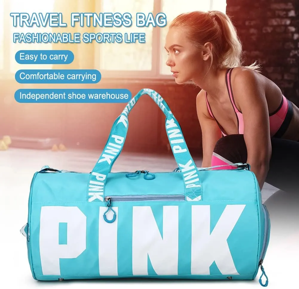 Sports Gym Bag, Travel Duffle Bag with PINK printing, Shoulder Tote Bags Weekend Bags for Workouts, Travel, Hiking, Perfect for Mom's Gifts