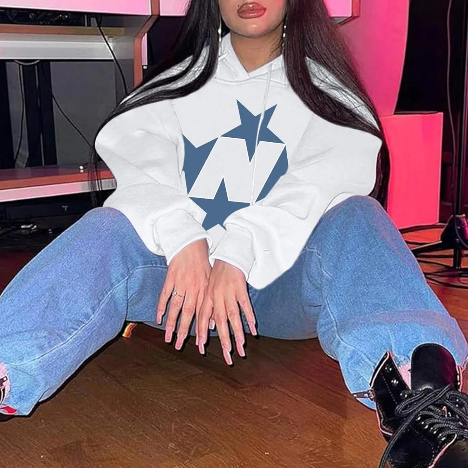 Star Graphic Hoodies For Women Vintage Aesthetic Streetwear Sweatshirt With Pockets Retro Printed Fleece Pullover