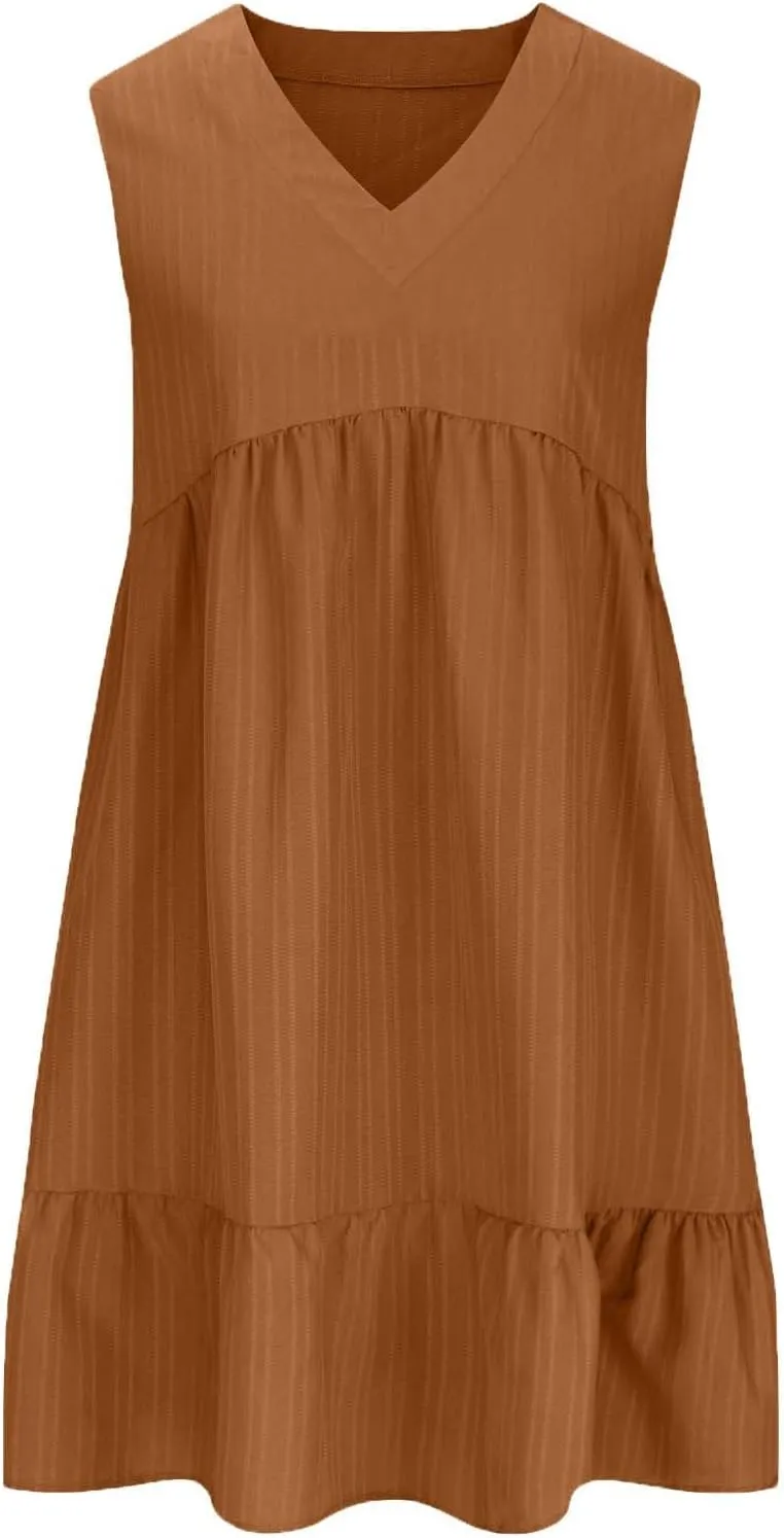 Summer Dresses for Women 2025 Vacation Sleeveless V Neck Dress Loose Summer Pleated Swing Flowy Sundress