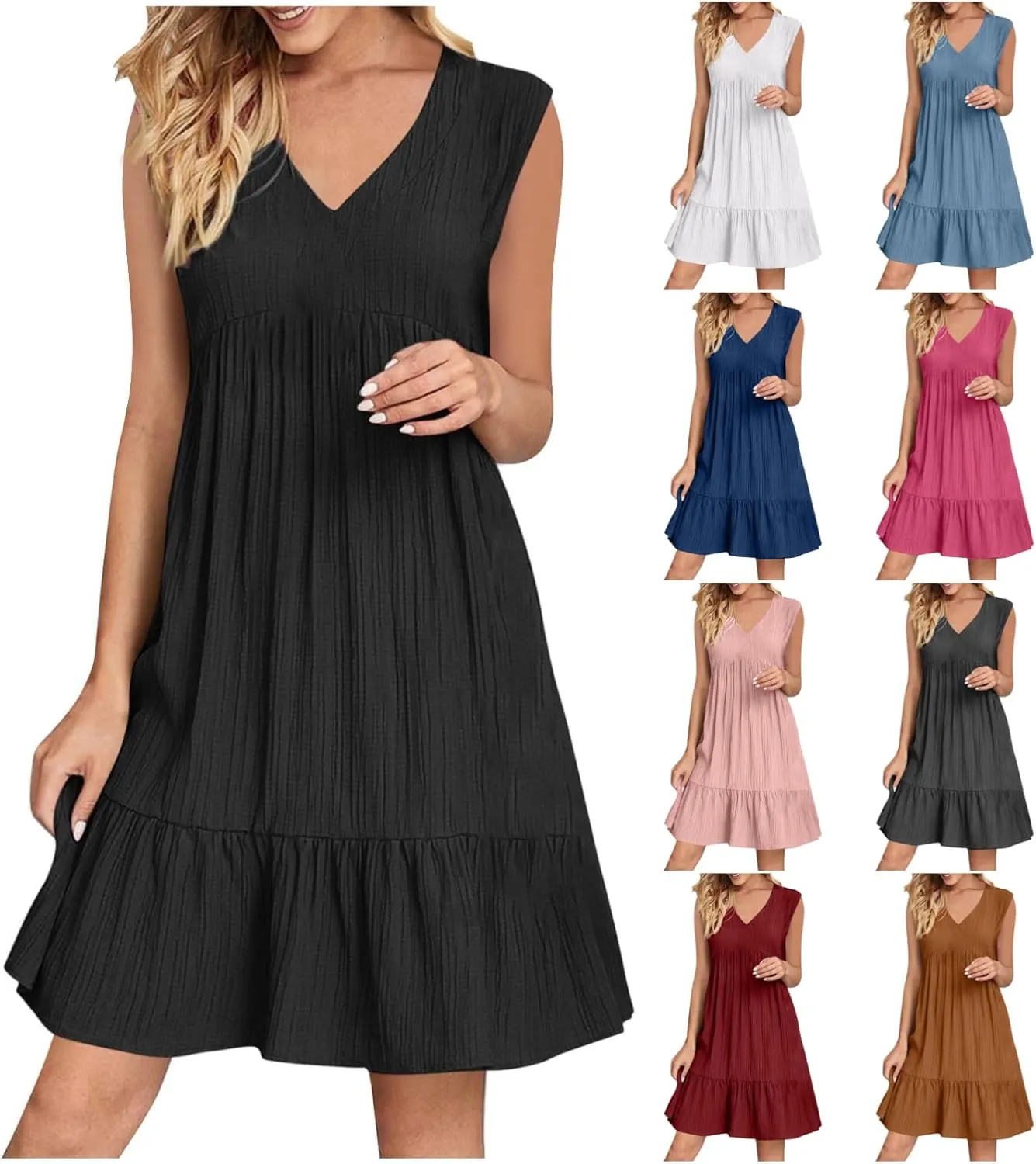 Summer Dresses for Women 2025 Vacation Sleeveless V Neck Dress Loose Summer Pleated Swing Flowy Sundress