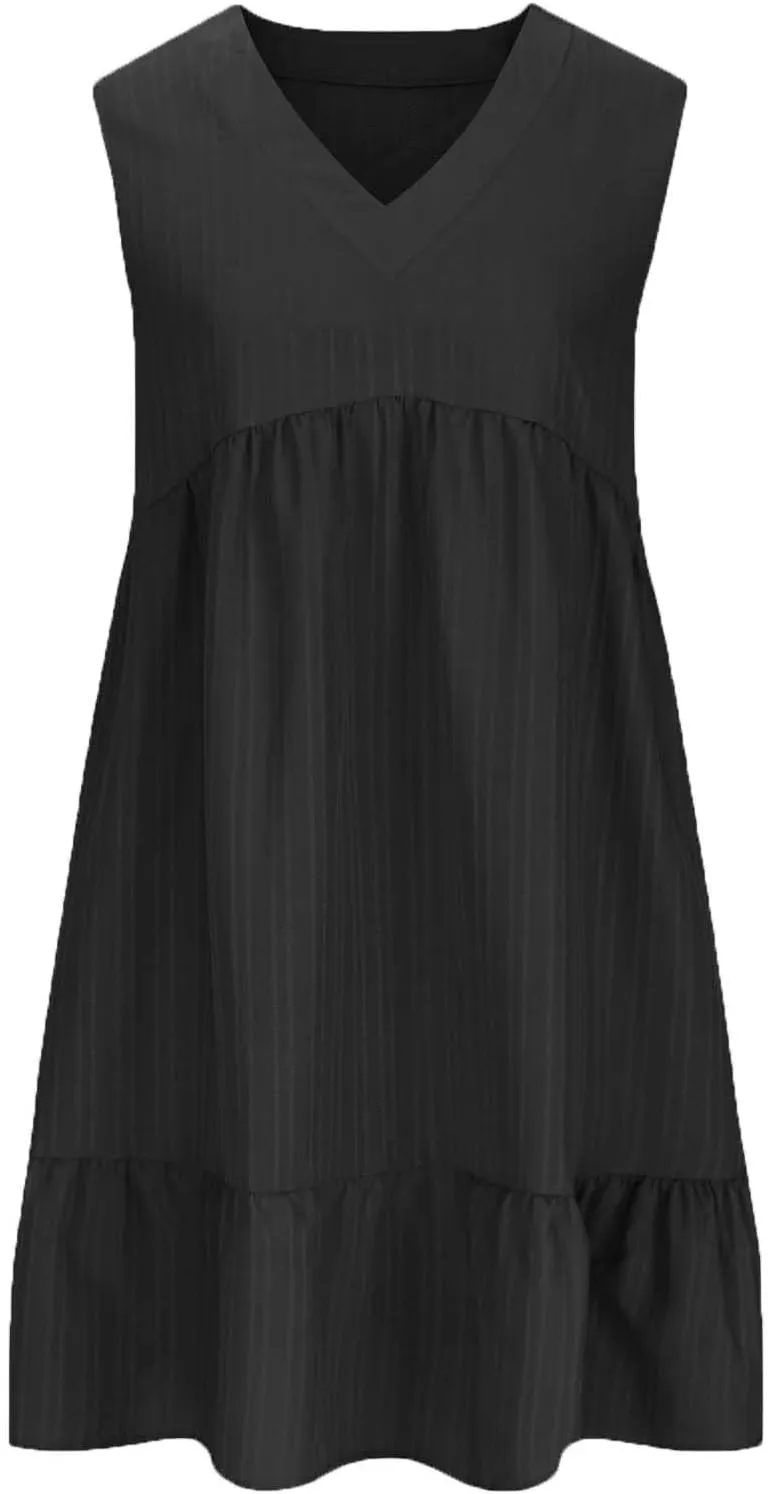 Summer Dresses for Women 2025 Vacation Sleeveless V Neck Dress Loose Summer Pleated Swing Flowy Sundress