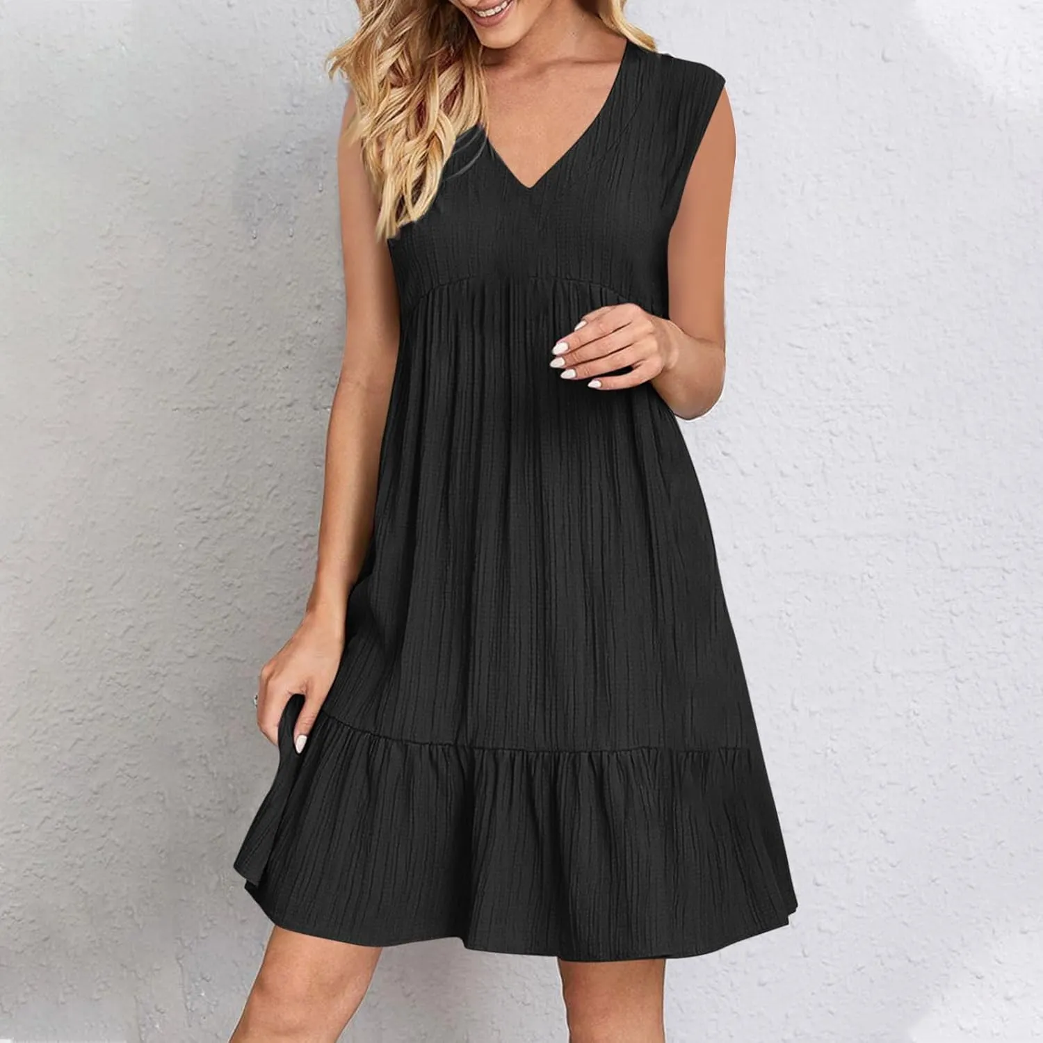 Summer Dresses for Women 2025 Vacation Sleeveless V Neck Dress Loose Summer Pleated Swing Flowy Sundress