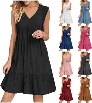 Summer Dresses for Women 2025 Vacation Sleeveless V Neck Dress Loose Summer Pleated Swing Flowy Sundress