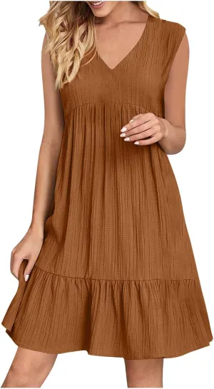 Summer Dresses for Women 2025 Vacation Sleeveless V Neck Dress Loose Summer Pleated Swing Flowy Sundress