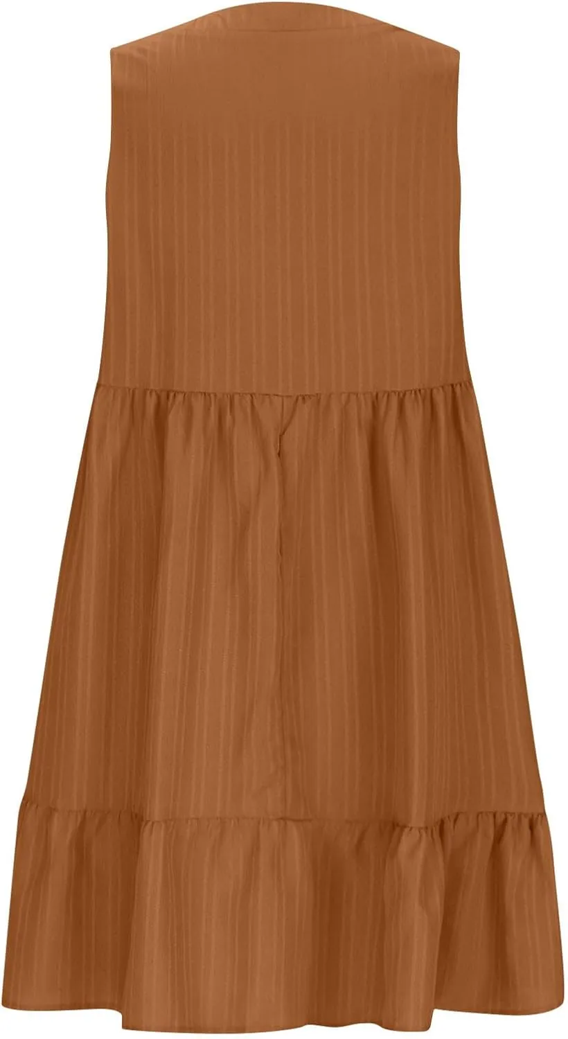 Summer Dresses for Women 2025 Vacation Sleeveless V Neck Dress Loose Summer Pleated Swing Flowy Sundress