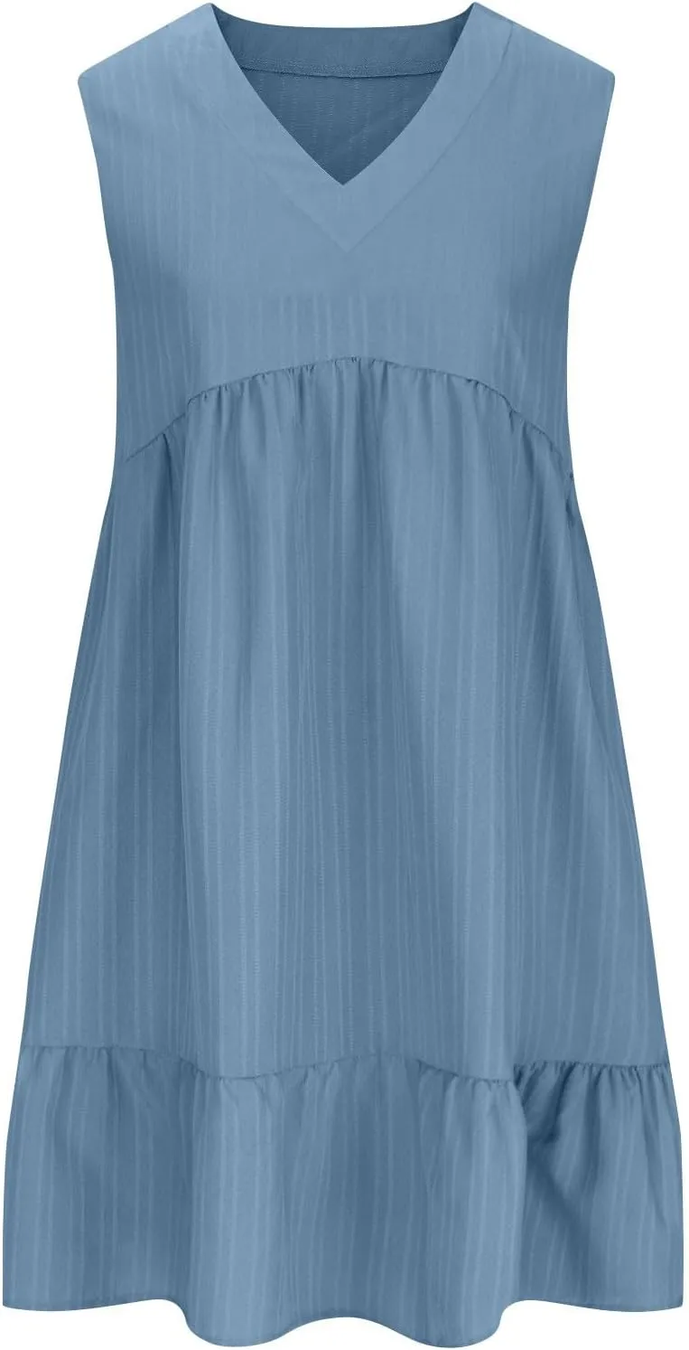 Summer Dresses for Women 2025 Vacation Sleeveless V Neck Dress Loose Summer Pleated Swing Flowy Sundress