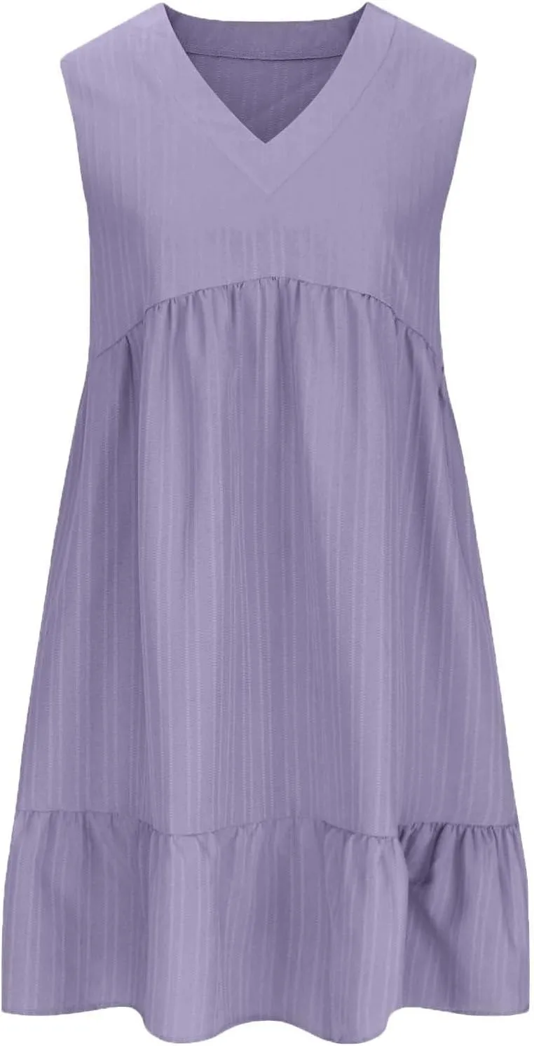 Summer Dresses for Women 2025 Vacation Sleeveless V Neck Dress Loose Summer Pleated Swing Flowy Sundress