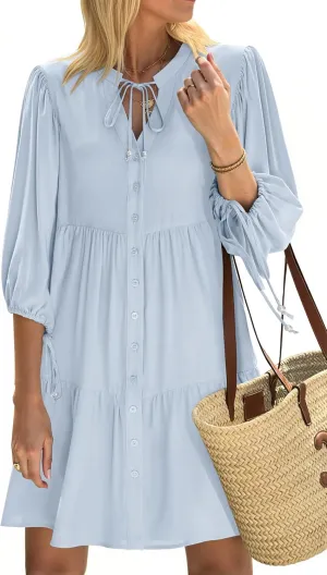 Summer Mini Dresses Casual V Neck Drawstring Button Down 3/4 Sleeve Boho Floral Flowy Beach Shirt Dress Pockets