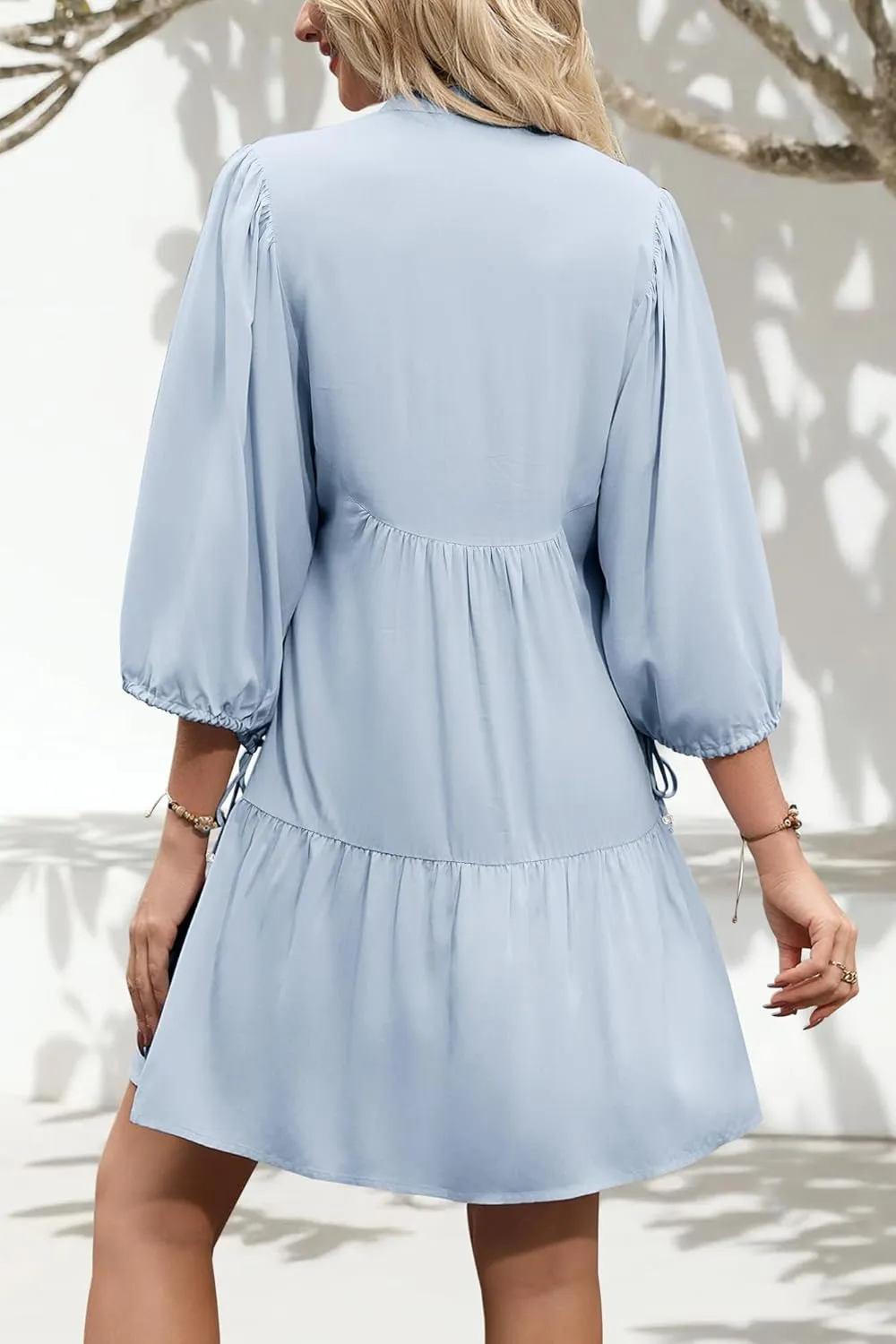 Summer Mini Dresses Casual V Neck Drawstring Button Down 3/4 Sleeve Boho Floral Flowy Beach Shirt Dress Pockets